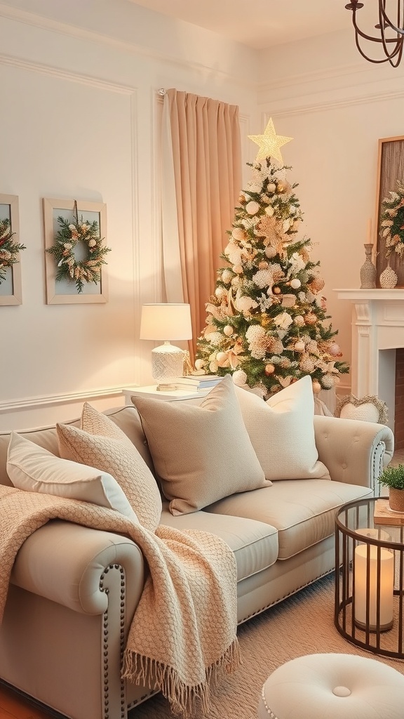 Cozy living room decorated for Christmas with a beige sofa, Christmas tree, and warm lighting.