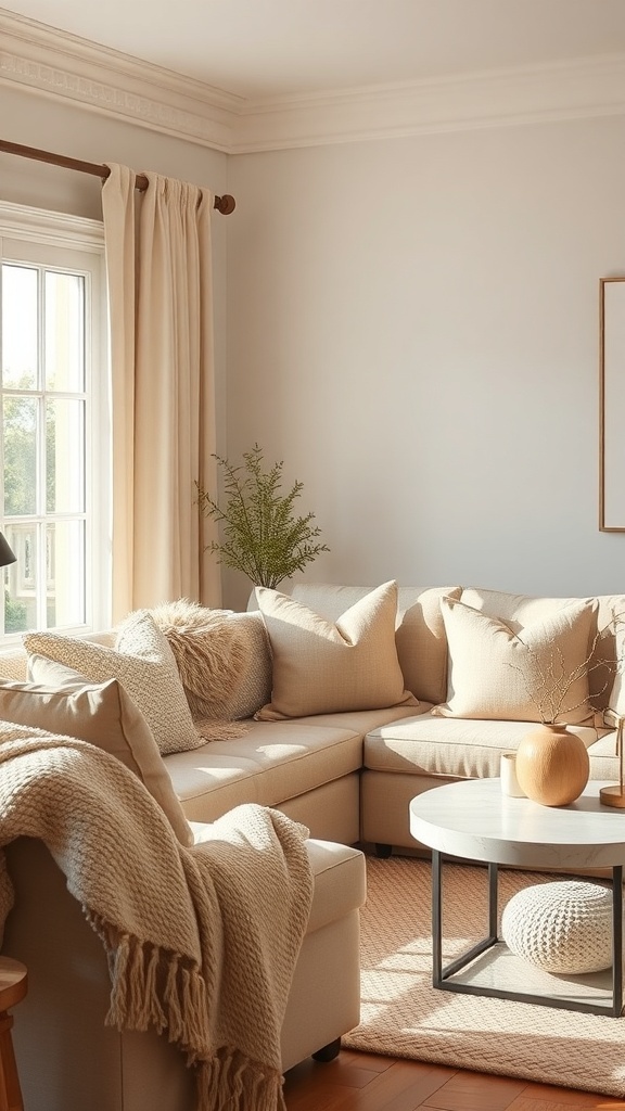 A cozy living room featuring warm beige textures with a sectional sofa, light curtains, a round coffee table, and a woven rug.