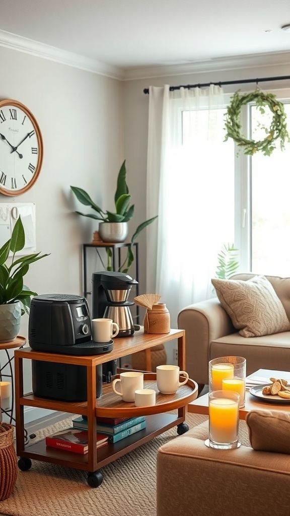 Cozy living room with a warm beverage station featuring a coffee maker, mugs, and candles.