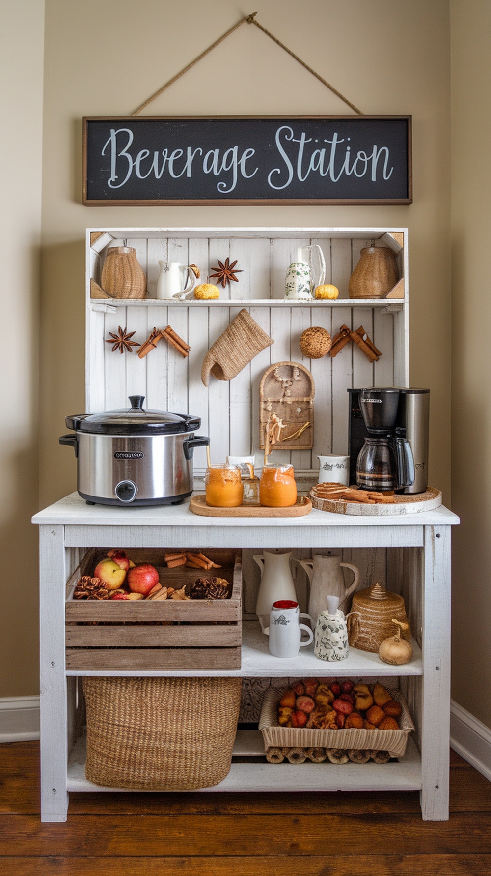 A warm beverage station with a slow cooker, coffee maker, and jars of pumpkin spice drinks, surrounded by apples and cinnamon sticks.