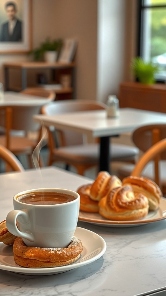 A steaming cup of coffee on a plate with pastries in a cozy cafe setting.