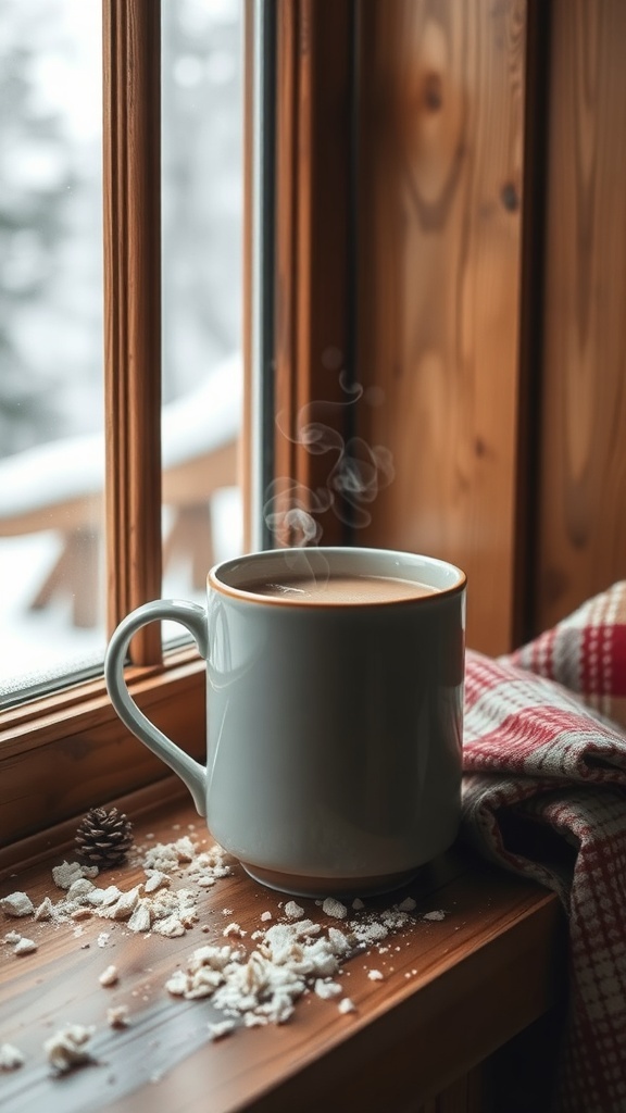 A steaming mug of coffee on a wooden windowsill with snow outside.