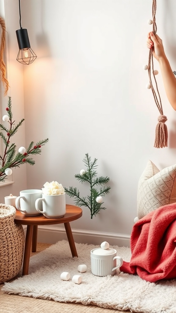 A cozy warm beverages station with mugs, a wooden table, and festive decor.