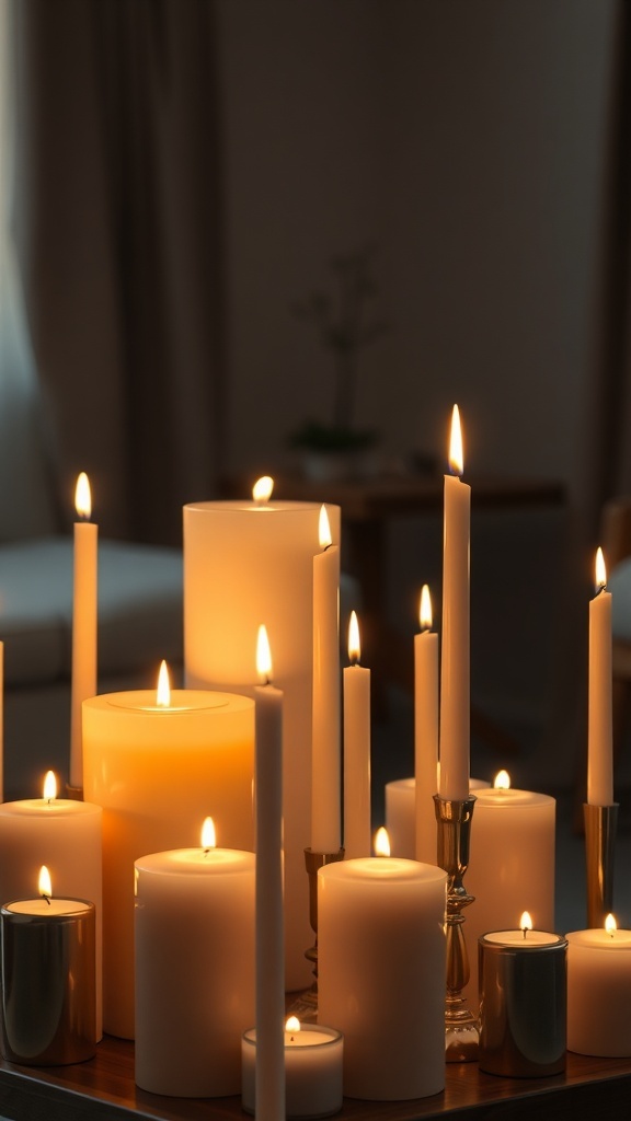 A warm display of various candles lit in a cozy setting