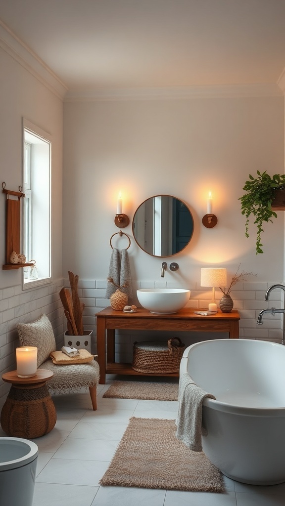 A rustic bathroom with warm candle lighting, featuring a bathtub, wooden furniture, and decorative elements.