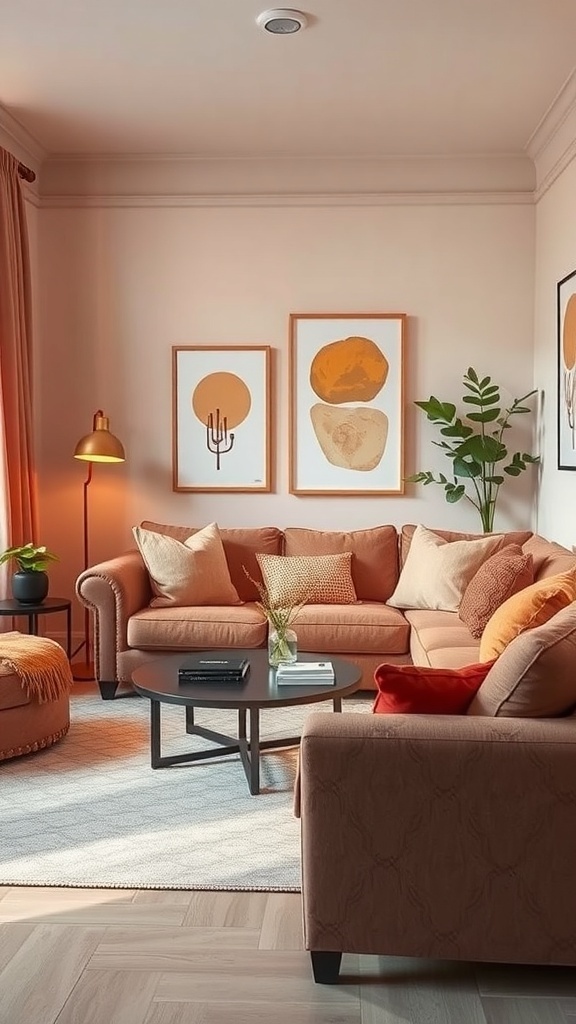 A cozy small lounge room featuring warm color accents with orange and peach tones, comfortable seating, and decorative artwork.