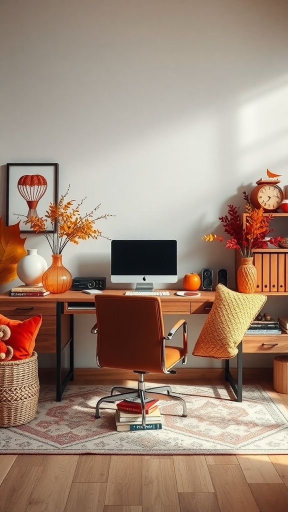 A cozy office space decorated with warm fall colors, featuring a wooden desk, orange chair, and seasonal decor.