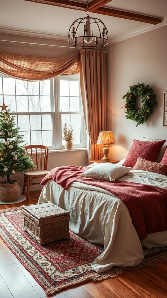 A cozy winter bedroom featuring warm colors, a bed with red blankets, a small Christmas tree, and soft lighting.