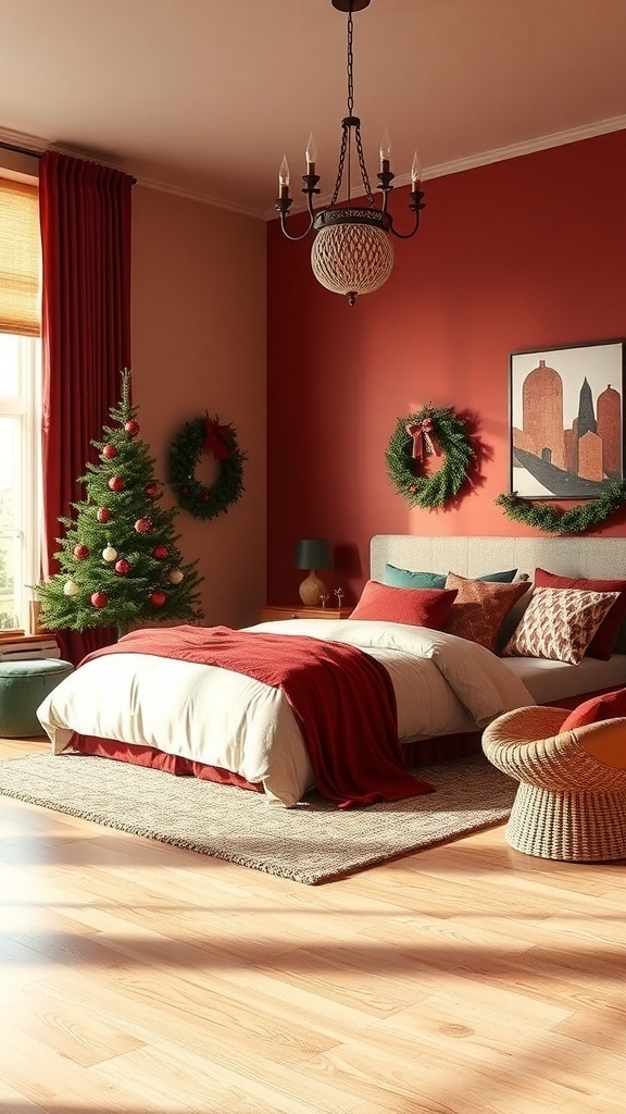 A cozy bedroom decorated for Christmas with warm color palette, featuring red walls, a Christmas tree, and festive decor.