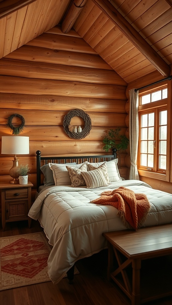 Cozy cabin bedroom with warm wooden walls, soft bedding, and a pop of orange throw blanket.