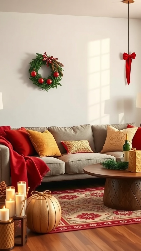 Cozy living room with a warm color palette featuring a couch with red and yellow cushions, a coffee table with greenery and wine, and candles.