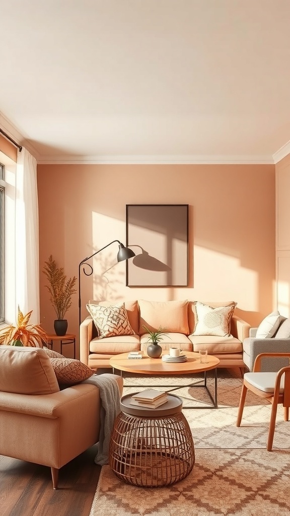 Cozy living room with warm peach walls, light furniture, and natural light.