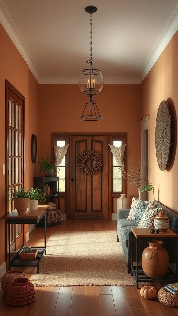 A rustic entryway with warm colored walls, a wooden door, and cozy decor.