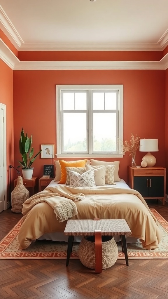 A warm bedroom featuring terracotta walls, cozy bedding, and natural decor elements.