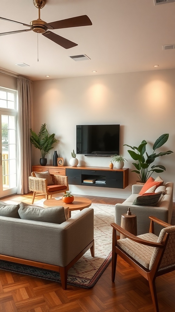 A cozy mid-century modern living room featuring warm color palettes, comfortable furniture, and plants.