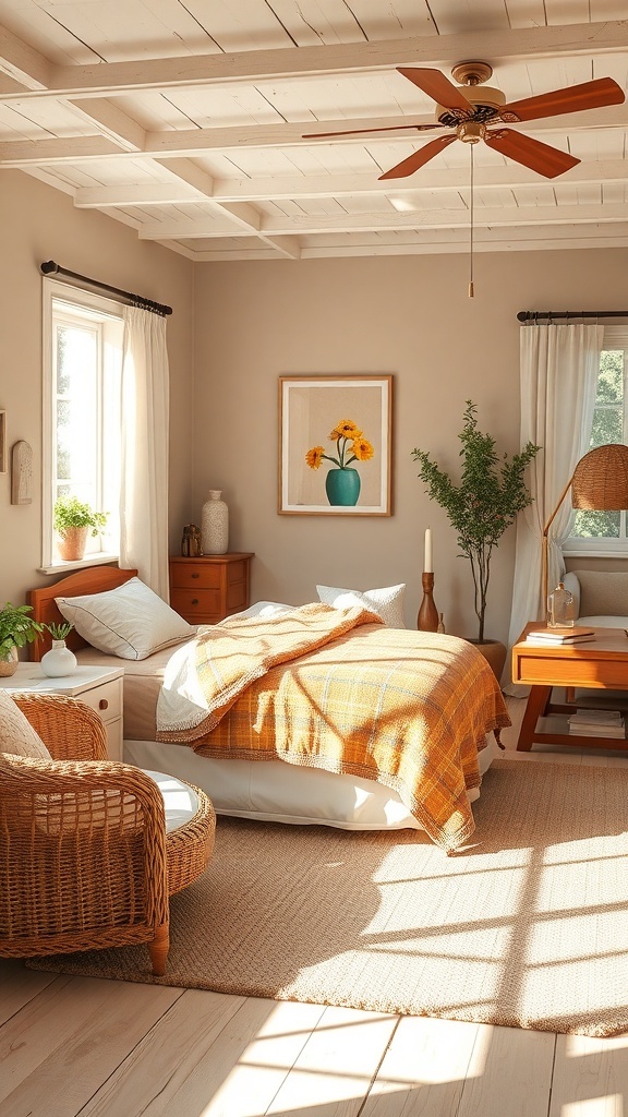 A cozy cottage bedroom featuring warm colors, a throw blanket, and natural light.