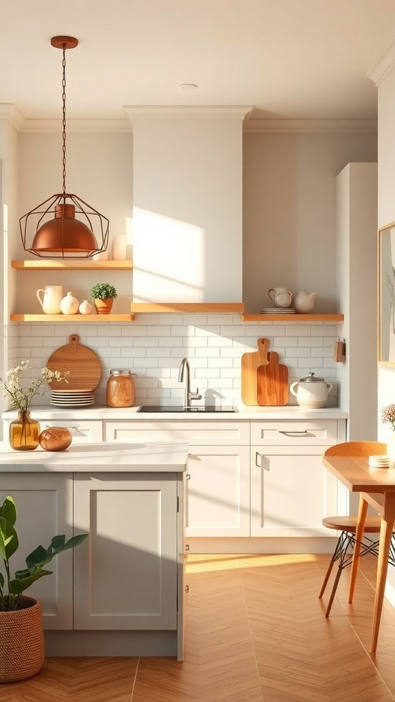 A cozy kitchen with warm color palettes, featuring wooden accents and natural light.