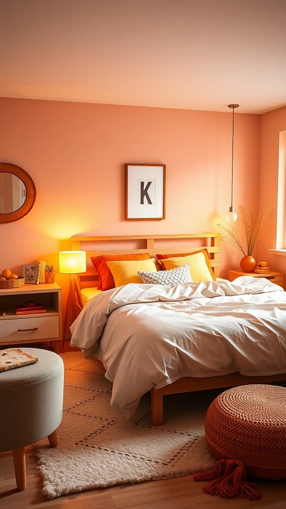 Cozy teen bedroom with warm peach walls, soft bedding, and inviting decor.
