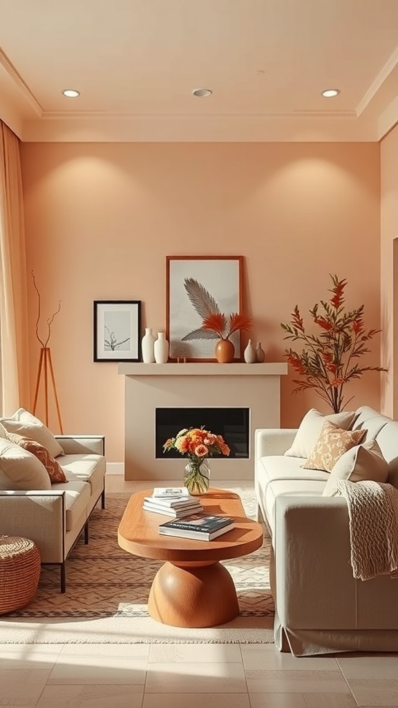 A cozy living room with warm peach walls, light sofas, and a wooden coffee table.
