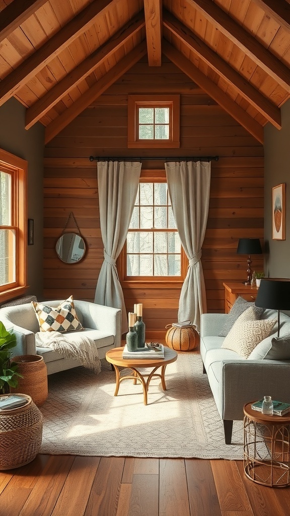 Cozy interior of a tiny cabin with warm wood tones and inviting furnishings.