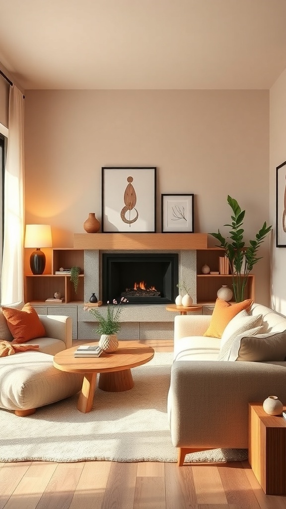 Cozy living room with warm color palette, featuring beige walls, light furniture, orange accents, and a fireplace.
