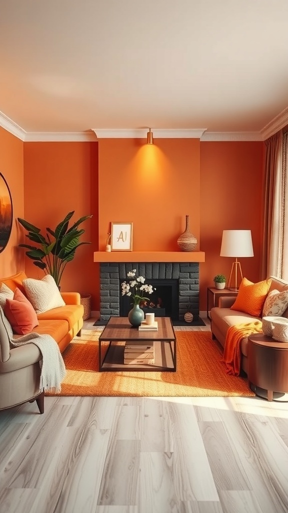 Cozy living room with warm orange walls, plush sofas, and a stylish coffee table.