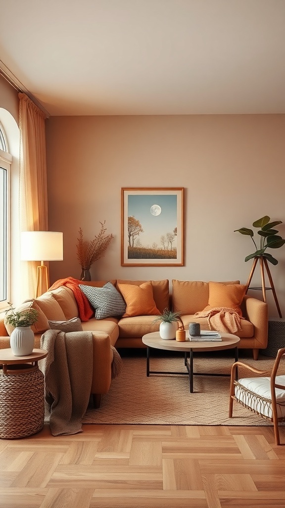 Cozy living room with warm color palette featuring orange tones, soft lighting, and plants.