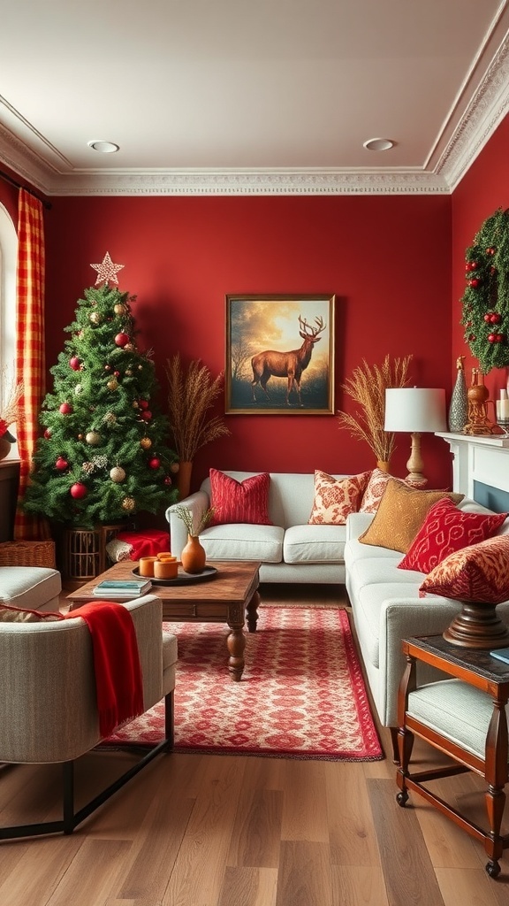 A cozy living room decorated for winter with red walls, a Christmas tree, and warm textiles.