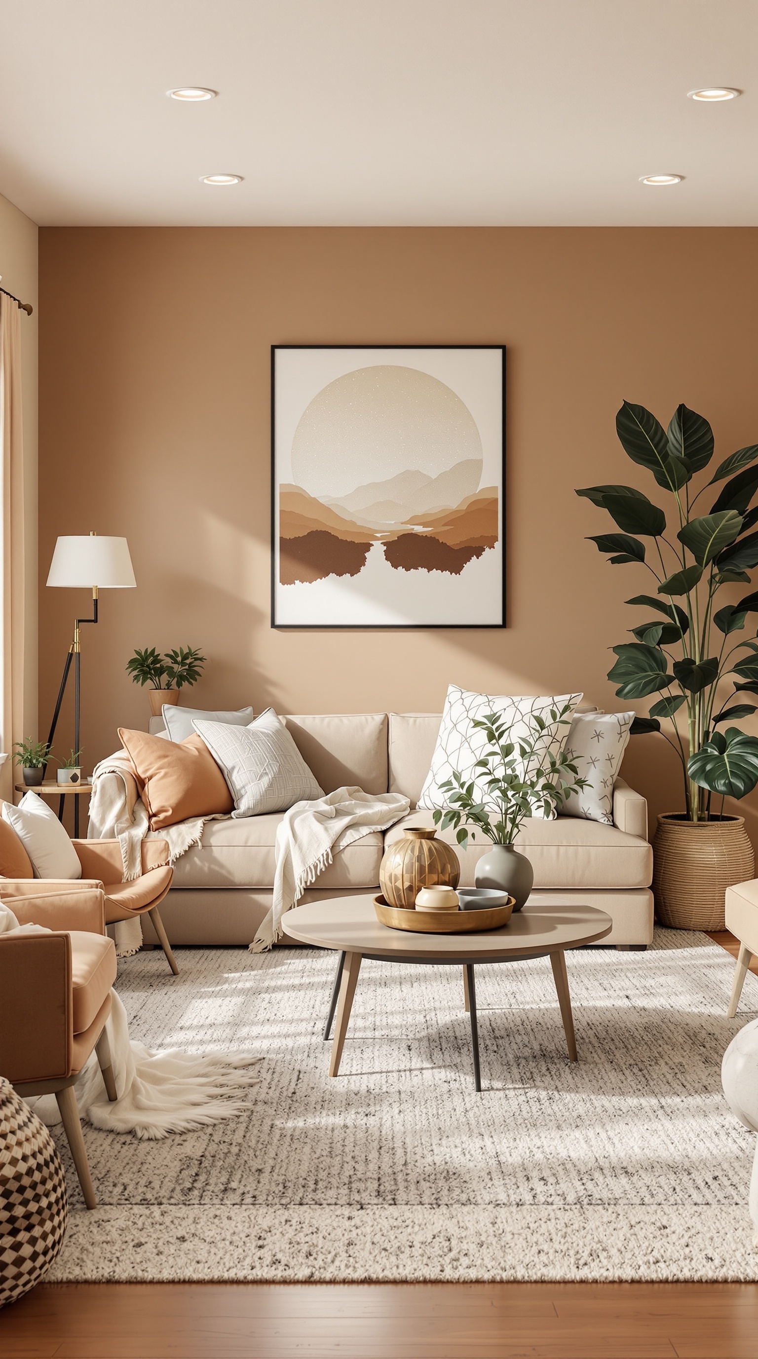 Cozy basement family room with warm color palette, featuring a beige sofa, decorative pillows, plants, and artwork.