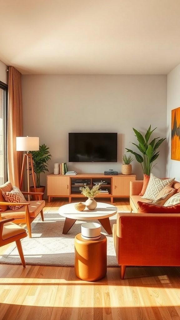 A cozy mid-century modern living room with warm color palettes, featuring orange furniture, wooden floors, and plants.