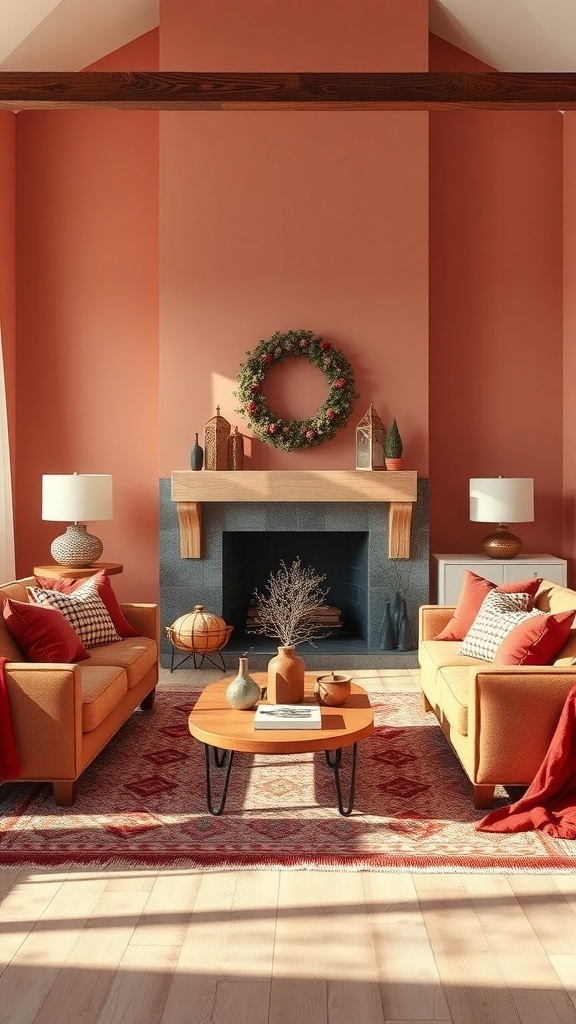 A cozy winter living room with warm peach walls, orange sofas, and a dark stone fireplace.
