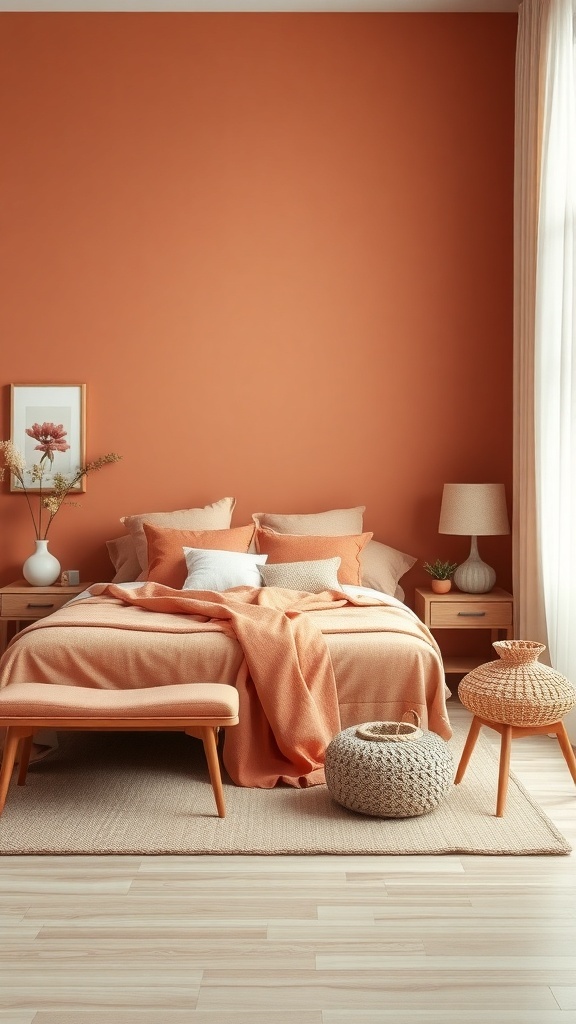 Cozy bedroom with warm terracotta walls and soft orange bedding.
