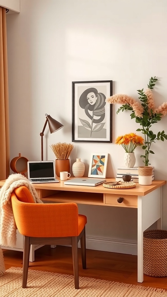 A cozy desk setup featuring a warm color palette with an orange chair, wooden desk, and decorative items.