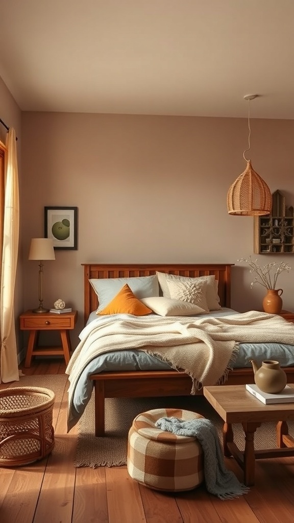 A rustic bedroom featuring warm colors, wooden furniture, and cozy textiles.