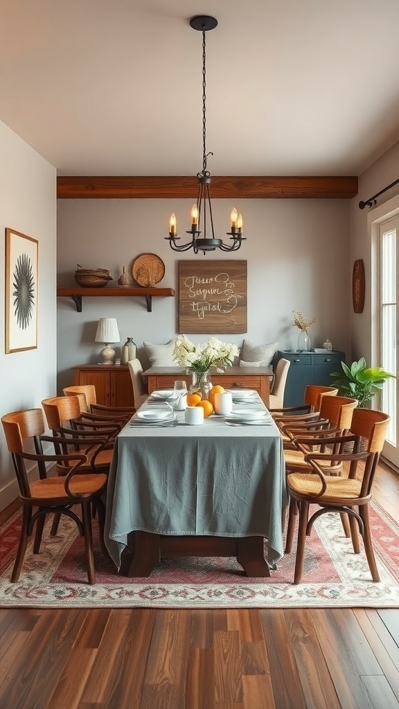 A rustic dining room with warm color palettes, featuring a wooden table, chairs, and a cozy atmosphere.