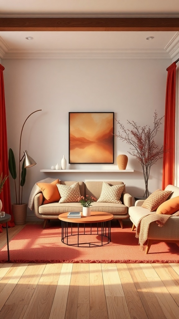 A cozy living room with warm color palettes, featuring orange curtains, cushions, and a wooden floor.
