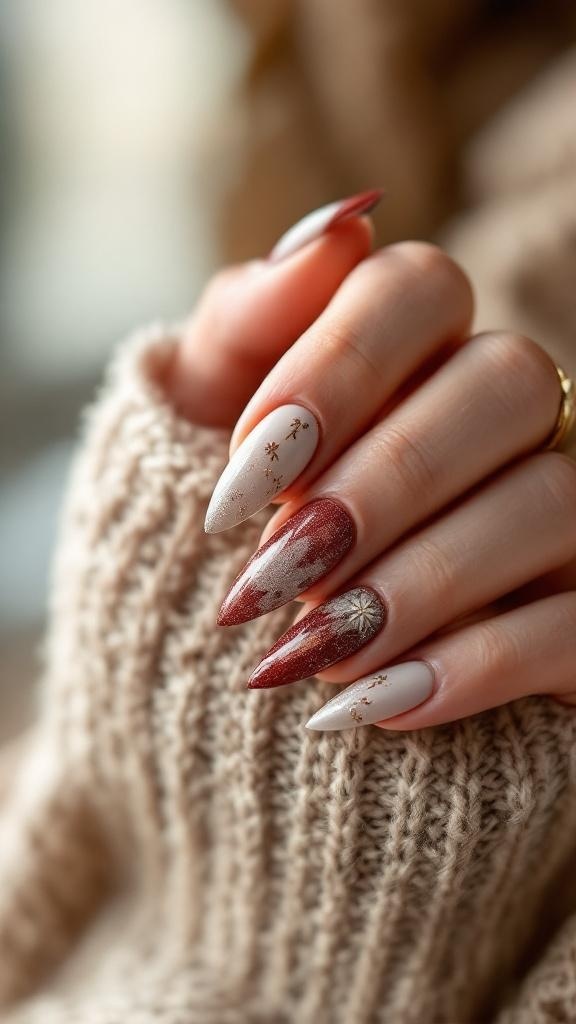 Nail design featuring warm colors and cozy sweater texture, with snowflake patterns.