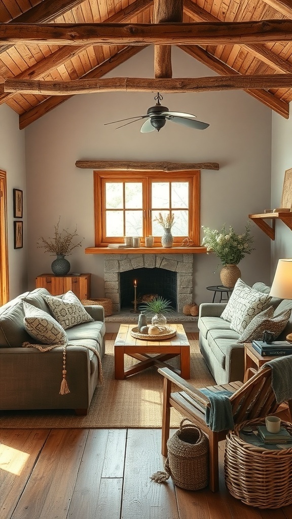 A cozy rustic cottage living room with wooden beams, soft sofas, and earthy colors.