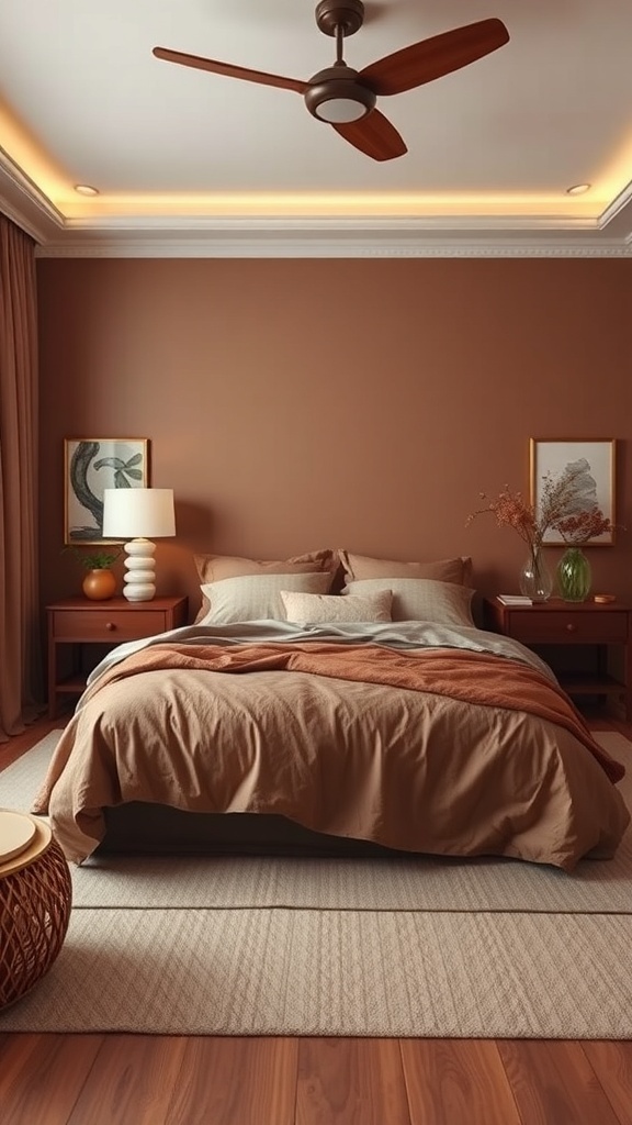 Cozy brown bedroom with warm earthy tones, featuring a bed with neutral linens, a throw, wooden furniture, and soft lighting.