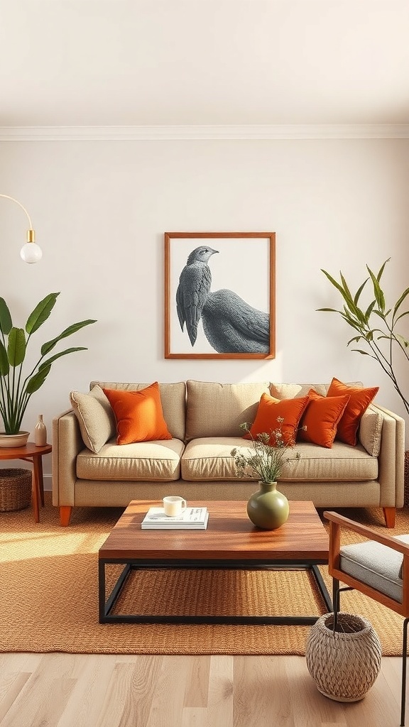 A cozy living room featuring a light brown couch with orange pillows, a wooden coffee table, and plants, creating a warm earthy tone.