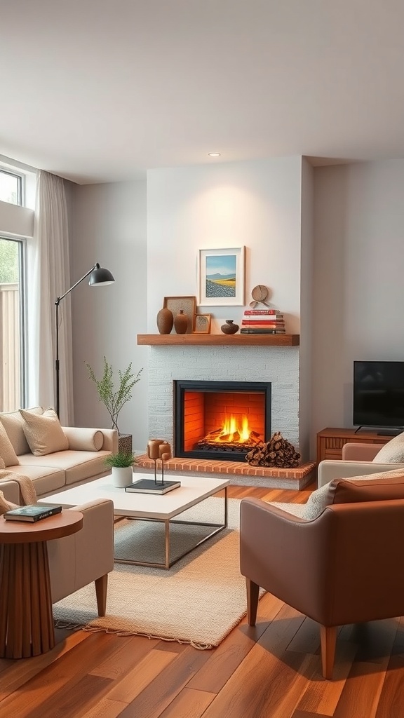 A cozy living room featuring a warm fireplace, neutral tones, and inviting seating.