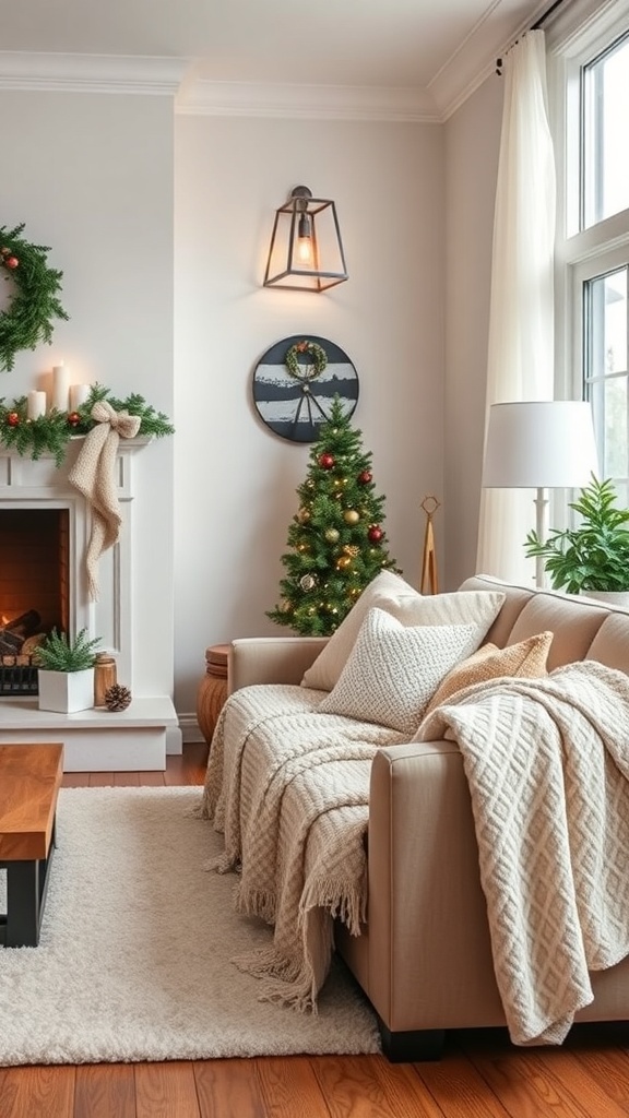 Cozy living room with a fireplace, soft blankets, and a decorated Christmas tree