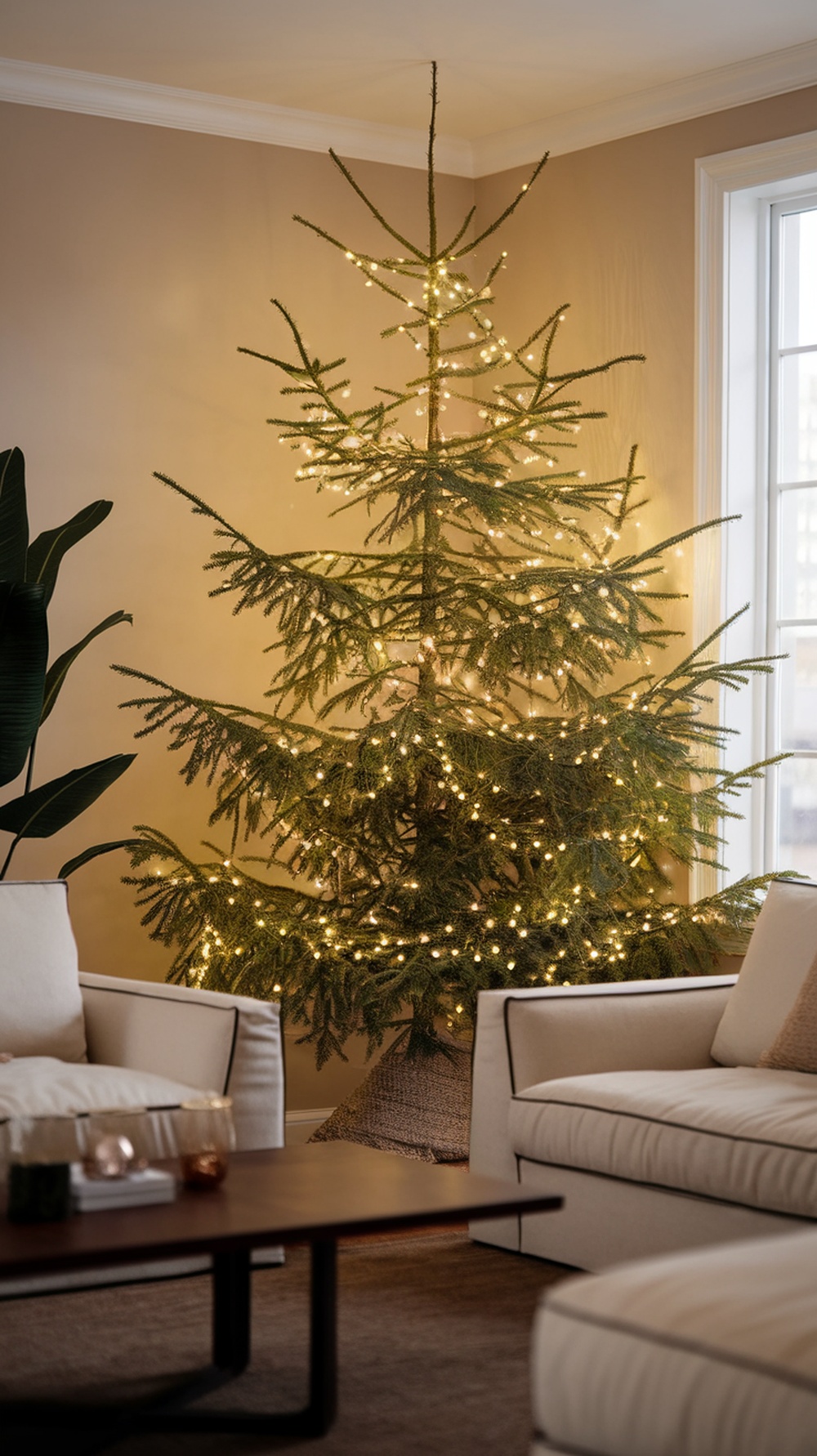 A Christmas tree with golden lights glowing warmly in a cozy living room.