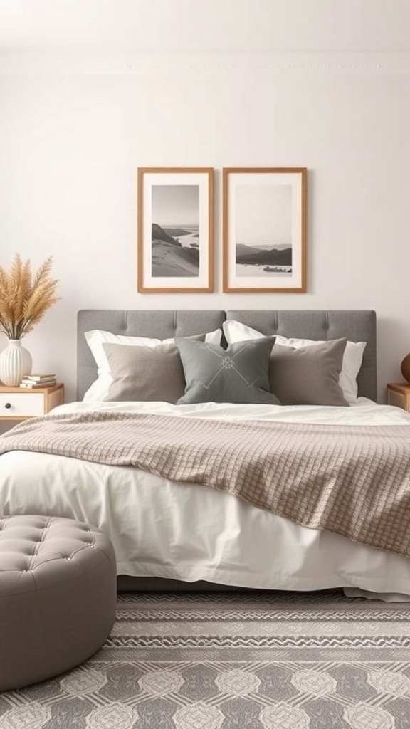 A neutral bedroom featuring warm gray accents, a cozy bed with layered pillows and a knitted throw, framed black-and-white photos on the wall, and a round ottoman.