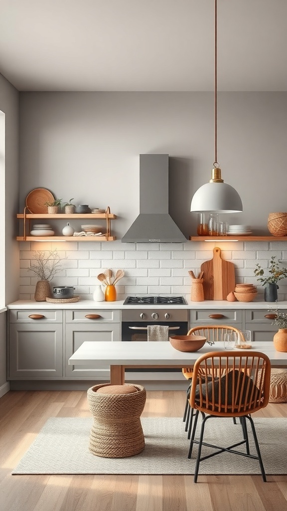 A cozy kitchen with warm gray walls, wooden accents, and a modern design.