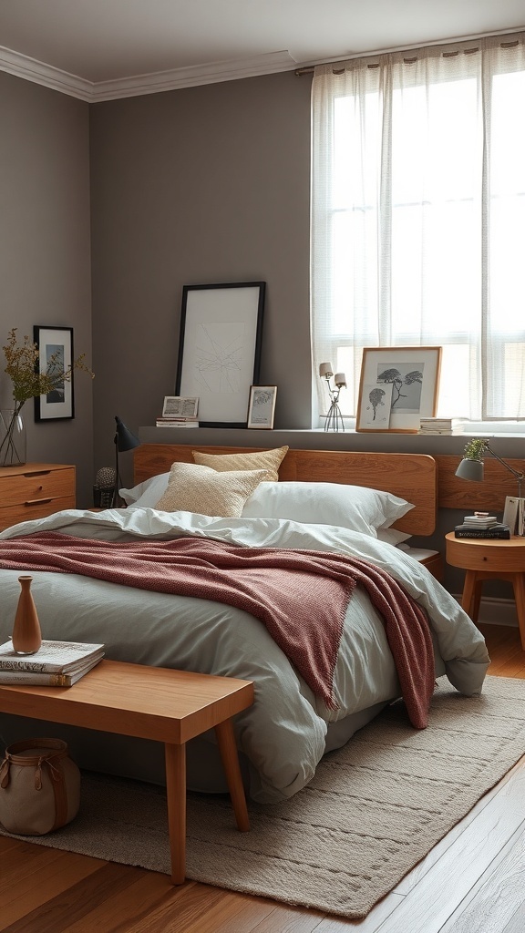 A cozy bedroom featuring warm grey walls, wooden furniture, and soft textiles.