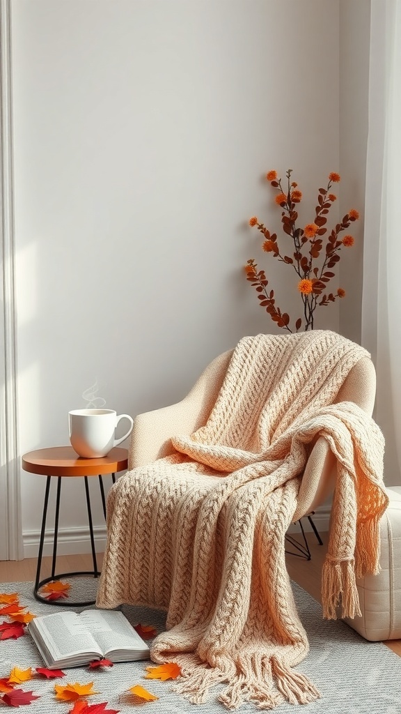 A cozy chair with a warm knit blanket, a steaming mug of hot cocoa, and a book, surrounded by autumn leaves.
