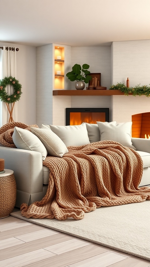 A cozy living room with a chunky knit blanket on a sofa, a warm fireplace, and decorative elements.