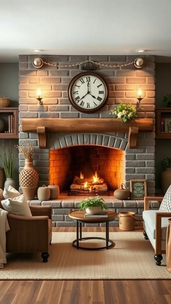 A rustic farmhouse fireplace with warm lighting, a clock, and cozy decor.