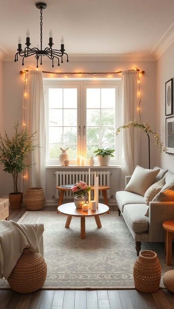 Cozy cottage living room with warm lighting and soft furnishings